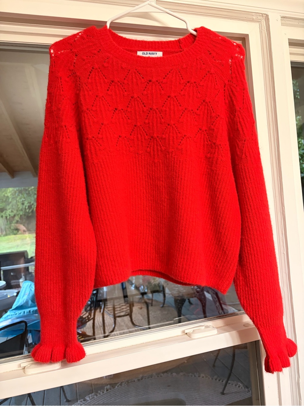 Old Navy Bright Red Knit Crewneck Sweater with Eyelet Yoke